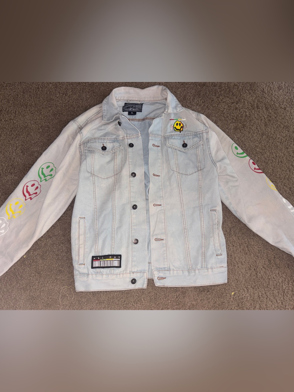 Brooklyn Cloth Light Blue Denim Jacket with Multicolor Smiley Patches